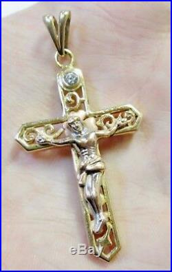 Antique solid 14k Yellow GOLD CROSS PENDANT with Diamond Crucifix Jesus god large