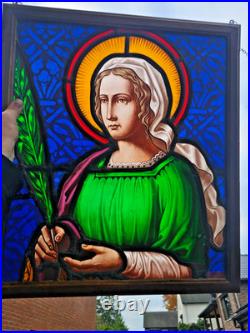Antique stained glass window panel of Saint barbara in wood frame religious art