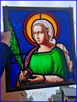 Antique stained glass window panel of Saint barbara in wood frame religious art