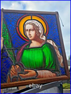 Antique stained glass window panel of Saint barbara in wood frame religious art