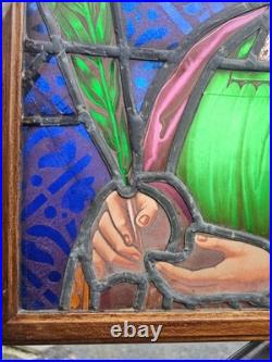 Antique stained glass window panel of Saint barbara in wood frame religious art