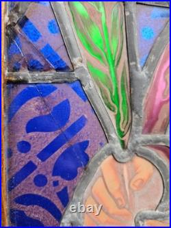Antique stained glass window panel of Saint barbara in wood frame religious art