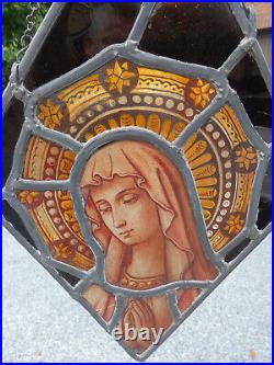 Antique stained glass window panel religious madonna portrait