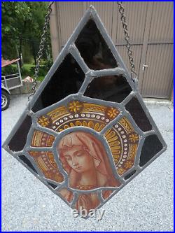 Antique stained glass window panel religious madonna portrait