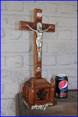 Antique tramp art wood carved crucifix religious