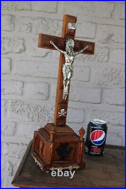 Antique tramp art wood carved crucifix religious