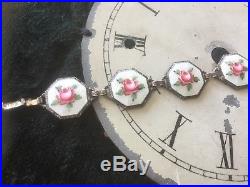 Antique vintage Sterling with guilloche enamel roses & religious medals on back