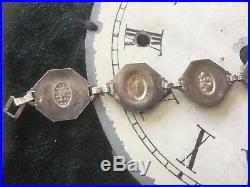 Antique vintage Sterling with guilloche enamel roses & religious medals on back
