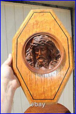 Antique wood carved art deco religious wall plaque panel with christ relief head