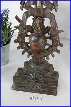 Antique wood carved heart crucifix religious