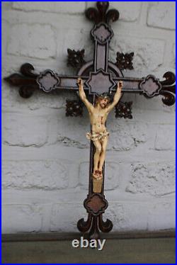 Antique wood carved neo gothic crucifix religious