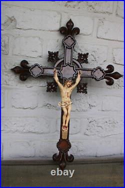 Antique wood carved neo gothic crucifix religious