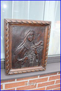 Antique wood carved panel religious saint Therese Lisieux relief rare