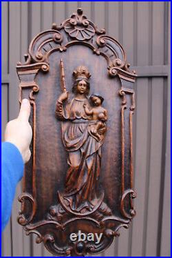 Antique wood carved relief madonna plaque panel religious rare