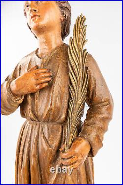 Antique xl 30,3 1800s Wood carved polychrome religious saint martyr palm branch