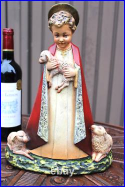 Antique young jesus boy ceramic lambs statue rare religious