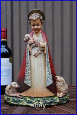 Antique young jesus boy ceramic lambs statue rare religious