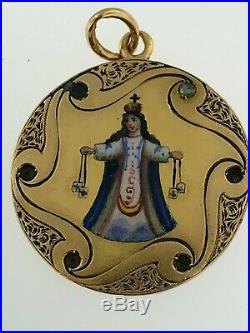 Antique18K Gold Enamel+Engraved Madonna or MariaReligious Charm Pendant Italy
