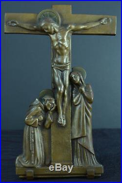 Art Deco antique french religious Bronze cross Calvary signed Hartmann rare