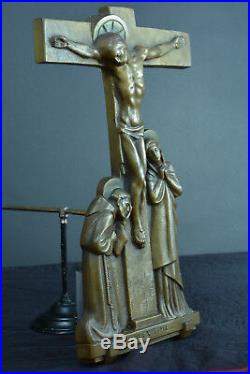 Art Deco antique french religious Bronze cross Calvary signed Hartmann rare