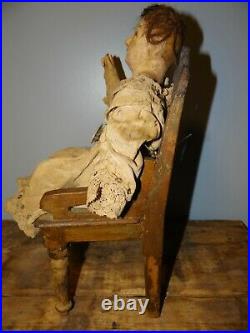 Beautiful Antique Doll With Wood Chair & Latin or Italian Religious Medal Jesus