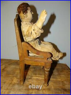Beautiful Antique Doll With Wood Chair & Latin or Italian Religious Medal Jesus