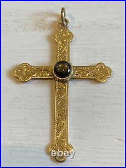 Beautiful Etched Antique Sapphire 14k Gold Large Estate Cross Religious Pendant