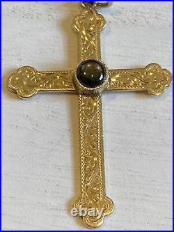 Beautiful Etched Antique Sapphire 14k Gold Large Estate Cross Religious Pendant