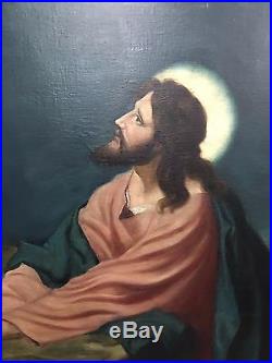 Beautiful antique religious oil painting by Maria Schoeffmann of Jesus