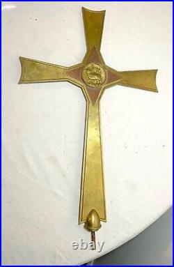 Big antique brass copper processional lamb religious church cross lamb crucifix