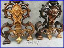Big antique pair of andirons made of bronze France 19th century angels religious