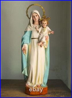 Blue Robe Madonna Holding Baby Jesus 25.5 Glass Eye Religious Art Antique