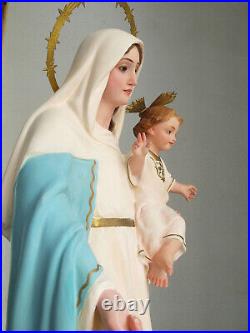 Blue Robe Madonna Holding Baby Jesus 25.5 Glass Eye Religious Art Antique