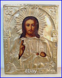 C. 1900 Antique Russian Orthodox Religious Icon Christ Pantocrator In Brass Oklad