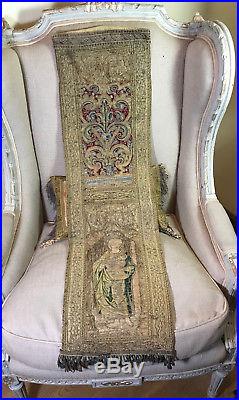 C16th Religious Embroidered Orphrey Metallic Silk Needlework Saint Italy