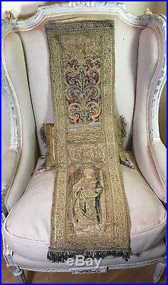 C16th Religious Embroidered Orphrey Metallic Silk Needlework Saint Italy