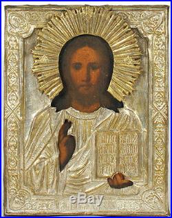 Ca1900 ANTIQUE RUSSIAN RELIGIOUS ORTHODOX ICON JESUS CHRIST PANTOCRATOR IN OKLAD