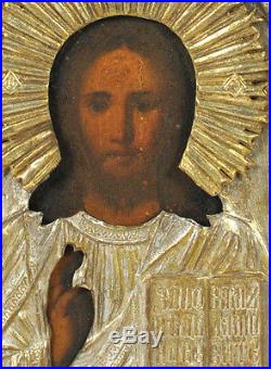 Ca1900 ANTIQUE RUSSIAN RELIGIOUS ORTHODOX ICON JESUS CHRIST PANTOCRATOR IN OKLAD
