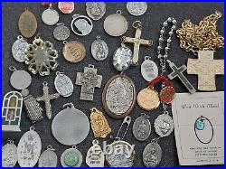 Catholic Religious Mixed Lot 40 Antique Vintage Saint Medals Cross 3 Sterling