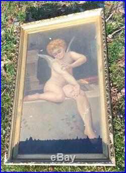 Cherub Playing Butterfly Antique Oil Painting VICTORIAN Gilt Frame Angel PUTTI