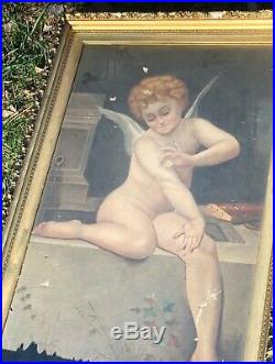 Cherub Playing Butterfly Antique Oil Painting VICTORIAN Gilt Frame Angel PUTTI