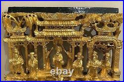 Chinese Carved Deep Relief Gilt Wood Warriors Religious Scenes Panel