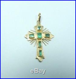 Colombian Emerald Cross Pendant 0.67 Cts 18K Yellow Gold Antique Style Muzo Mine
