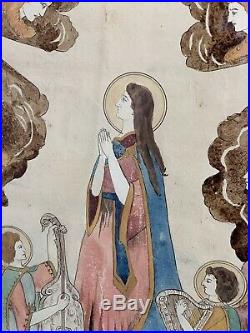 Colorful Antique American Folk Art Religious Painting Immaculate Mother Signed