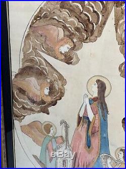 Colorful Antique American Folk Art Religious Painting Immaculate Mother Signed