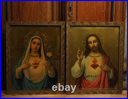 Couple Antique Religious Framed Lithographs the Sacred Heart of Jesus and Mary
