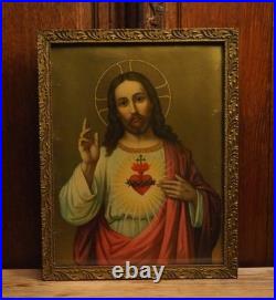 Couple Antique Religious Framed Lithographs the Sacred Heart of Jesus and Mary