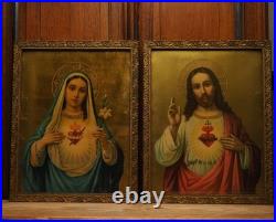 Couple Antique Religious Framed Lithographs the Sacred Heart of Jesus and Mary