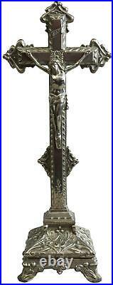 Crucifix Religious Art Nouveau Antique French 1900 Silver Metal Standing C