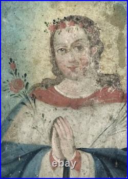 Devotional Antique Painting of Our Blessed Mother, Retablo, Religious Art